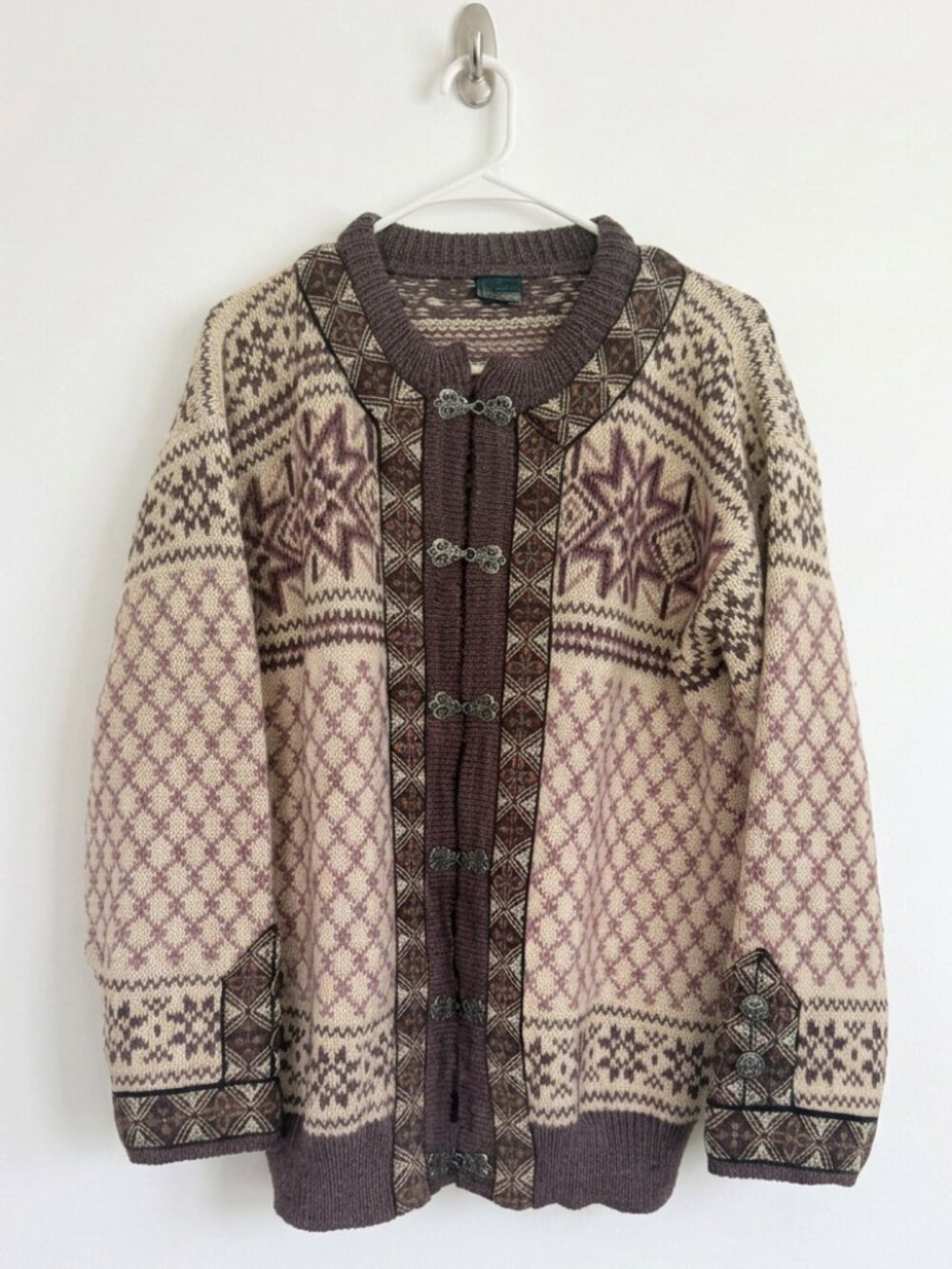 Dale of Norway Vintage Wool Cardigan Sweater - Cream/Brown/Violet